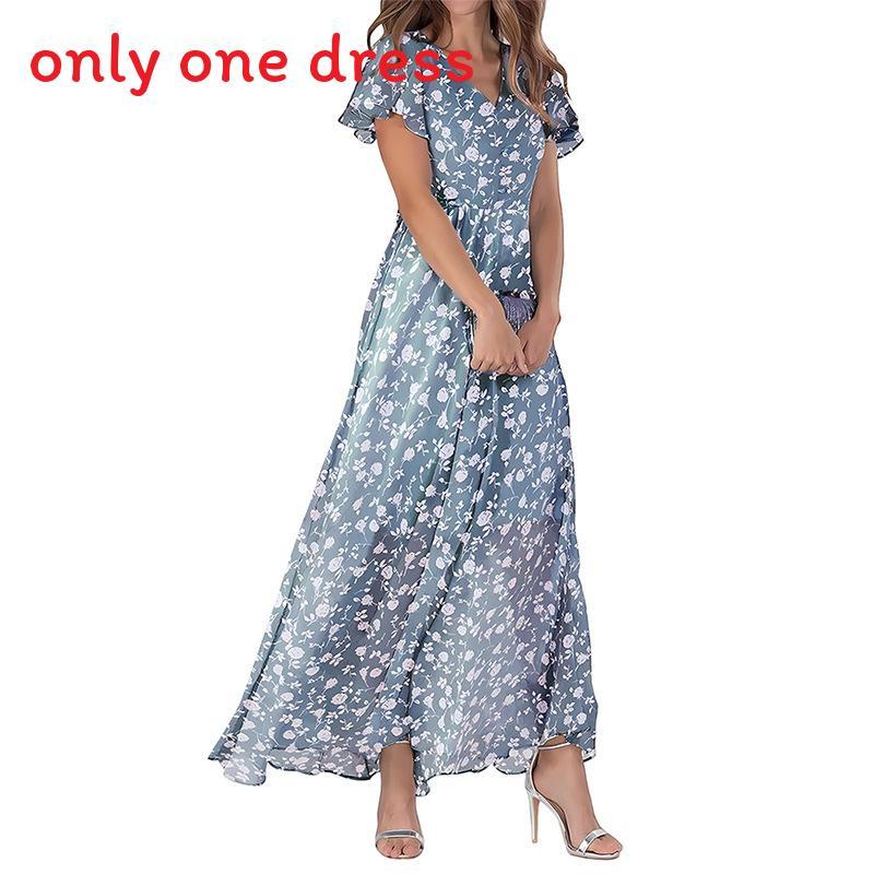Summer Floral Chiffon Dress With V Neck Short Sleeves For Elegant Casual Wear