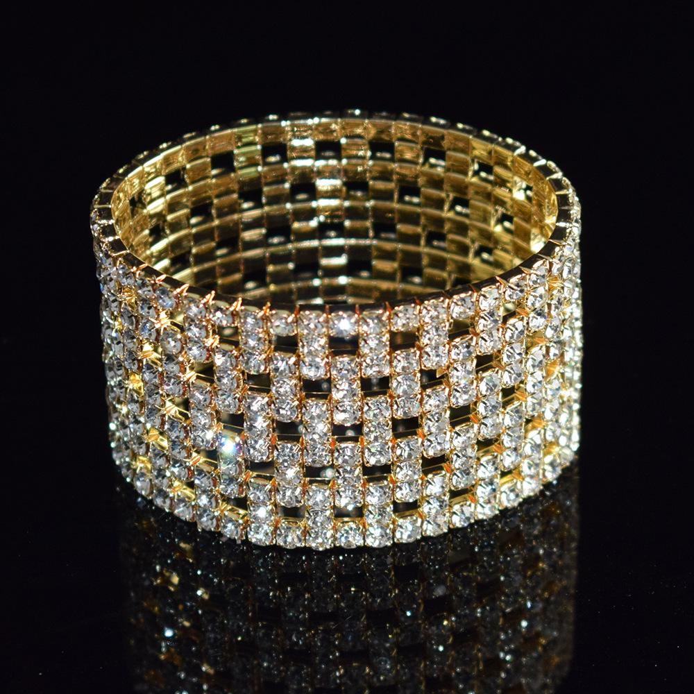Europe and America Cross Border Fashion Multi-Layer Elastic Hollow Rubber Band Full Rhinestone Bracelet Exaggerated Wide Bangle