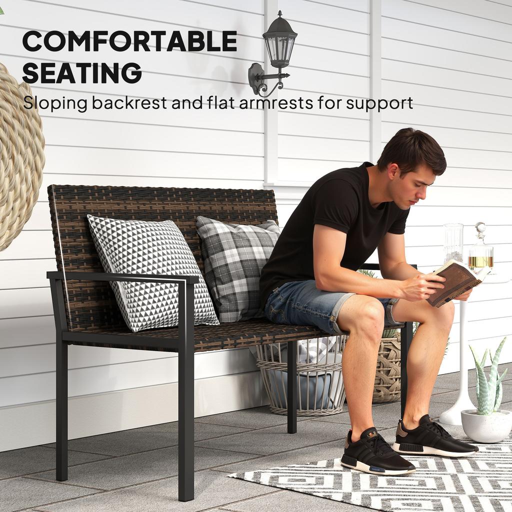 2 Seater Rattan Garden Bench, Outdoor Bench with Quick-Drying Cotton Padding, Wicker Garden Loveseat with Armrests, Steel Frame for Patio, Park