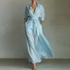 Elegant Lace Up High Waist Long Dress Women Turn Down Collar Hollow Party Dress Spring Sleeve Pocket Maxi Dress
