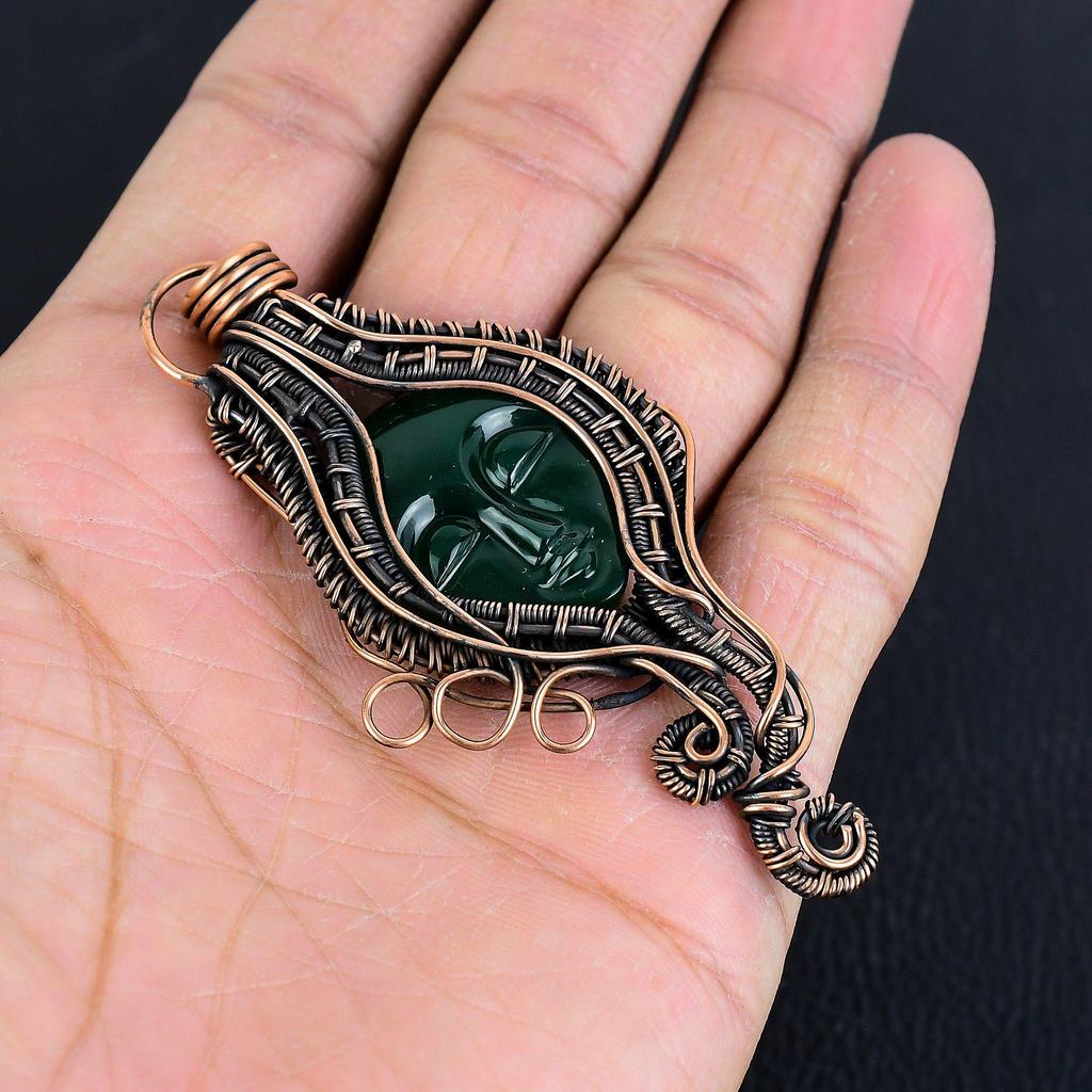 Lady Face Green Onyx Pendant Handmade Gemstone Jewelry, 999 Copper Wire Wrapped Pendant Unique Design Jewelry