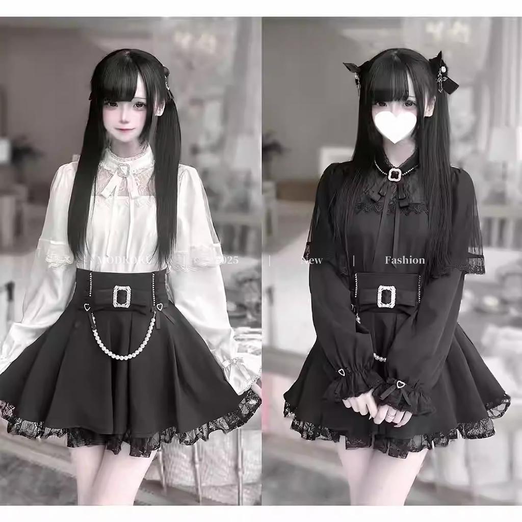 Blouse and Mini Cross Long Size L [MODKOKU] Women's Cape-Style 3-Piece Set, Skirt, Lace, Ruffles, Ribbons, Lolita, Design, Gothic, Lace-Up, Moe,