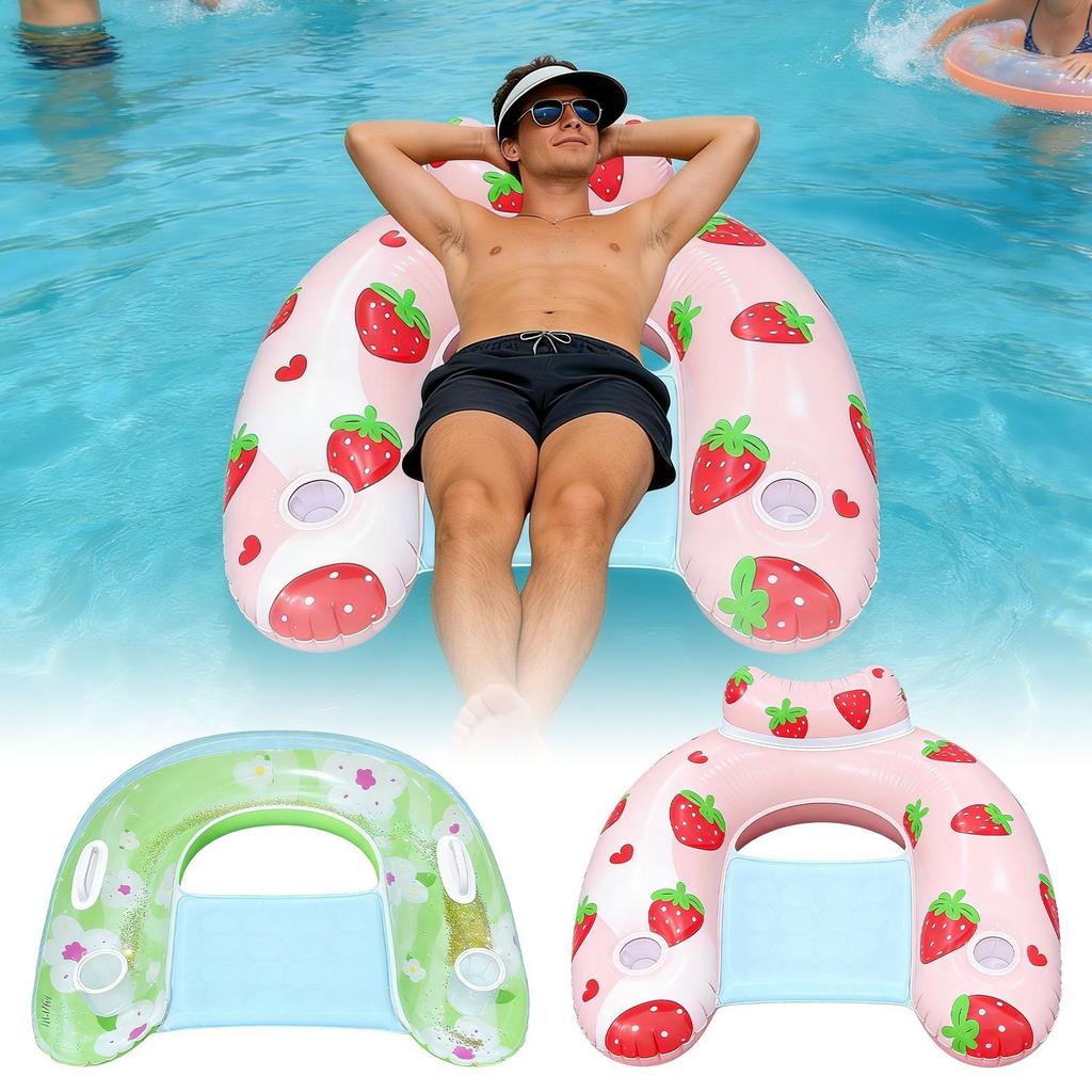 Inflatable Swimming Pool Float Chair Swimming Floating Chair For Adults U-seat Floating Beach Lounge With Cup Holder Backrest