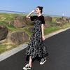 Hepburn Style Women's Floral Patchwork Midi Dress - Elegant High Waist Slimming Skirt for Summer 2026