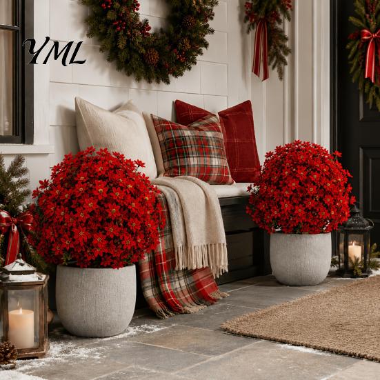 Decorative Faux Flowers for Dining Table Christmas Artificial Poinsettia Flower Topiary Tree, Fade Resistant Bush with Spike, Realistic Vivid