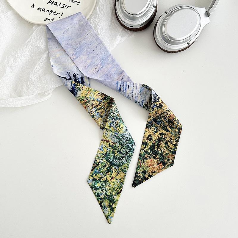 Blue silk scarf, long strip, new fashion, oil painting style, bow, headband, braided hair, tied bag, streamer, multi-purpose waist silk scarf.