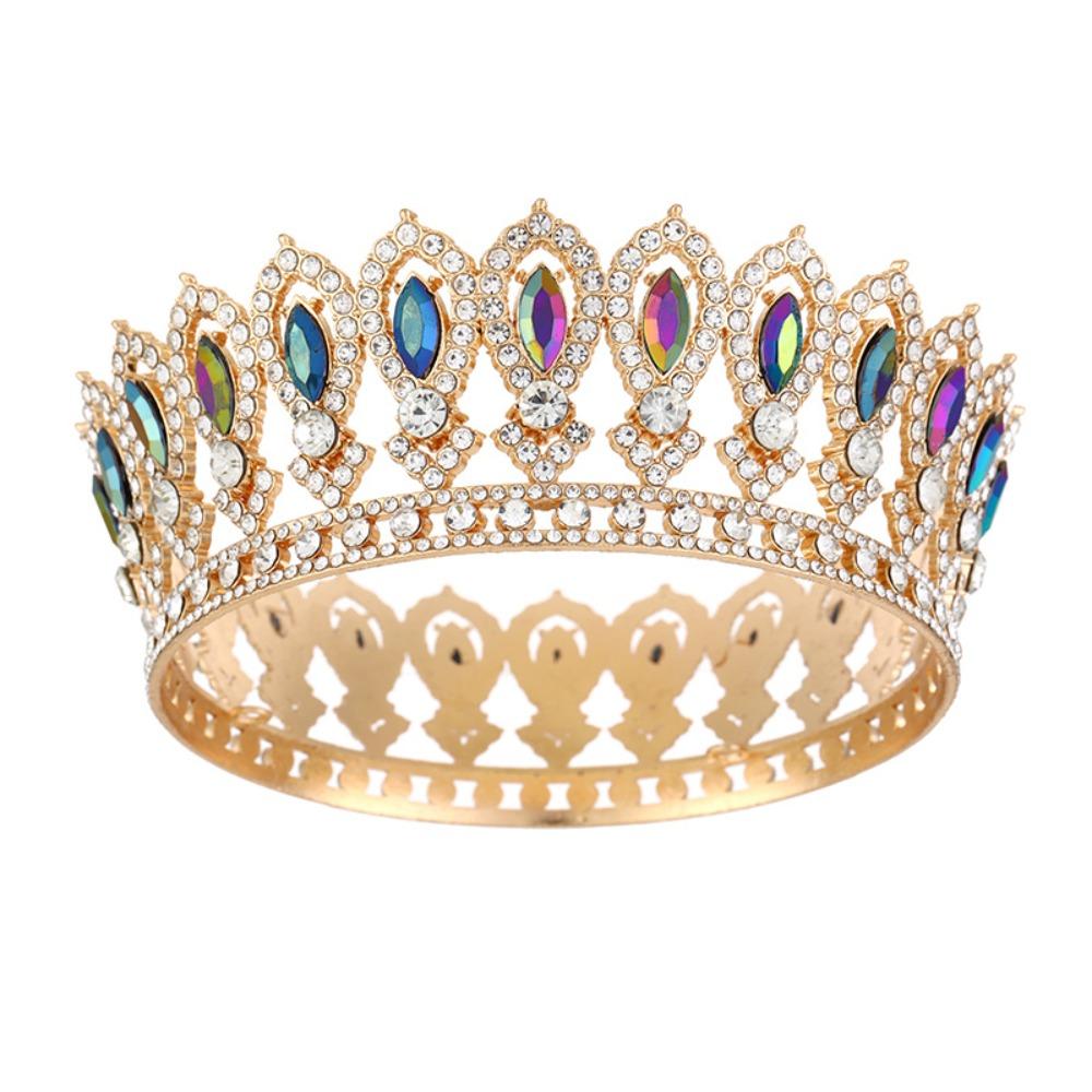 Round Princess Queen Tiara European Crystal Full Crown Metal Bridal Wedding Crowns  Birthday Party