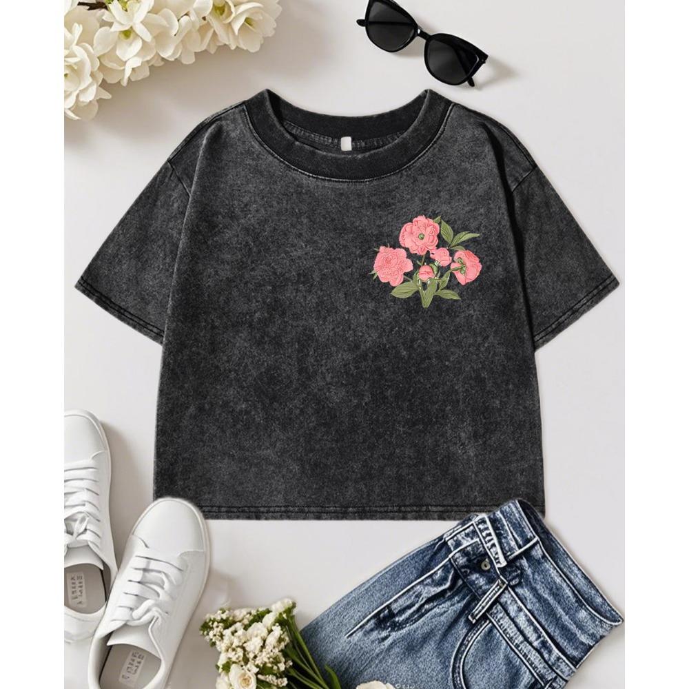 Pink Beautiful Flowers Forever Print Women Washed Slim T-Shirt Casual Short Sleeve Cotton Y2K T Shirts Soft Tops