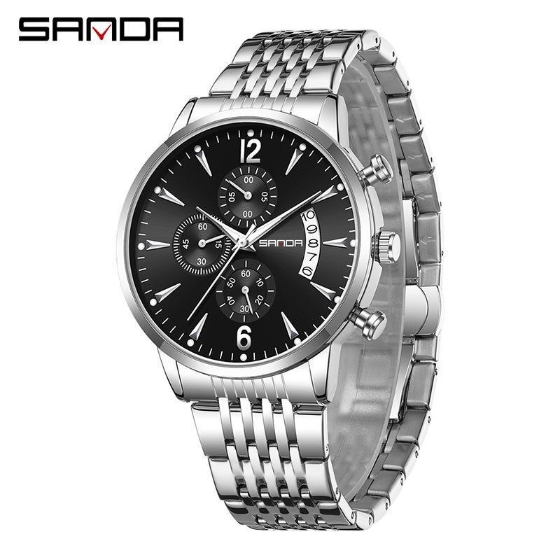 SANDA Fashion Men Chronograph Wristwatches Stainless Steel Waterproof Luminous Man Watch Date Quartz Business Men's Watches