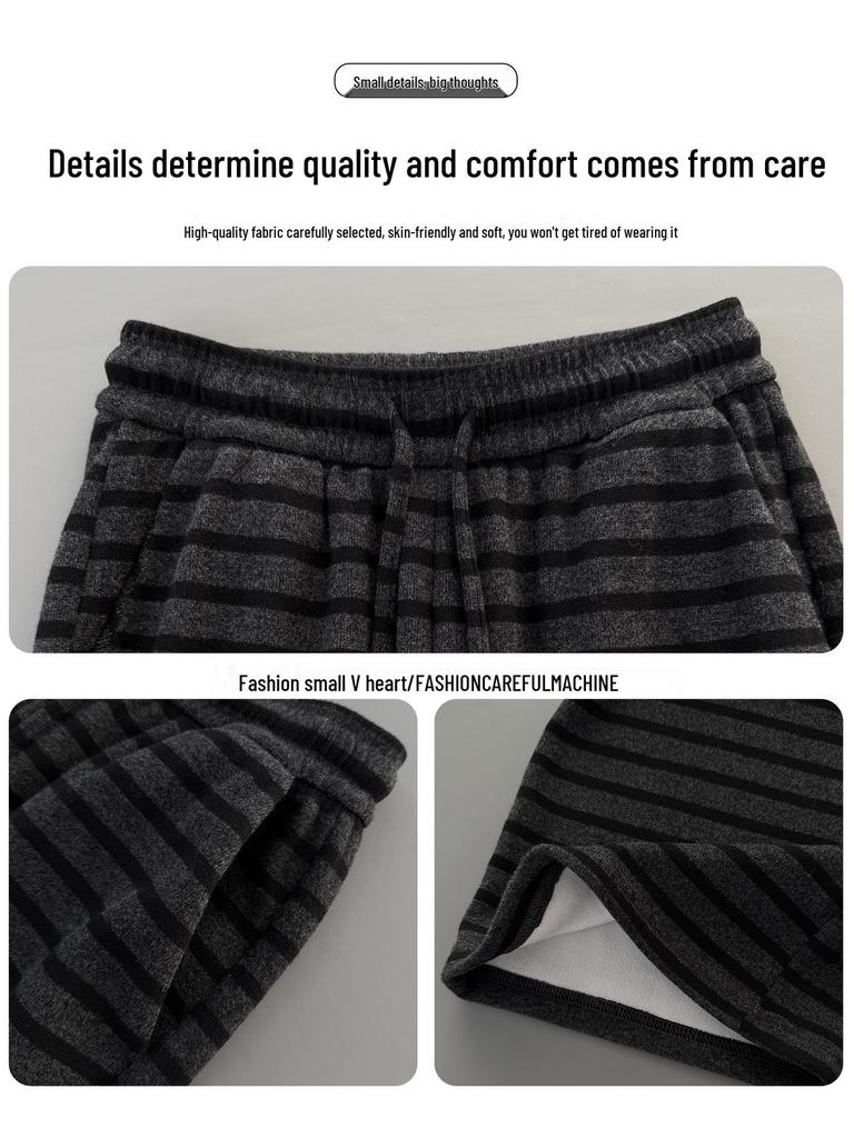 Women's Ash-Black Striped Wool Wide-Leg Pants with High Waist, Autumn/Winter Style, Plus Velvet, Loose Straight-Leg Design