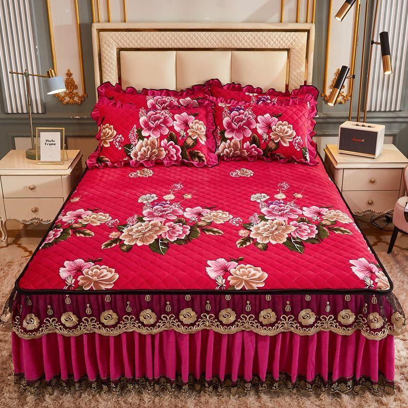 High Grade Winter Crystal Velvet Thicken Quilted Bedspread King Queen Size Flannel Quilting Bed Skirt Including Pillowcase