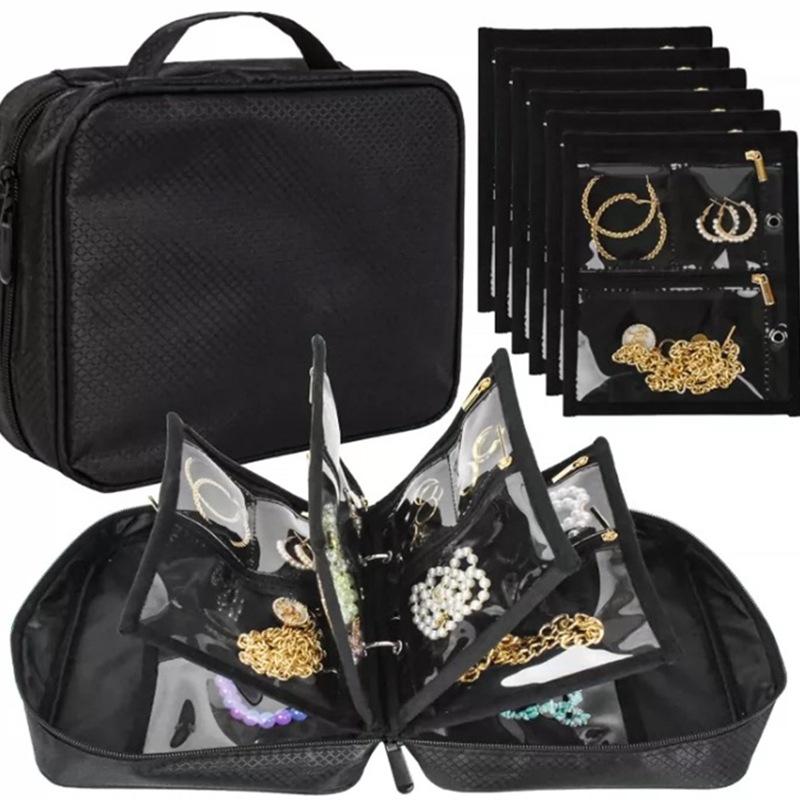 Travel Jewelry Organizer Bag Transparent Zippered Velvet Pouch Earring Ring Necklace Storage Case with Detachable Pages