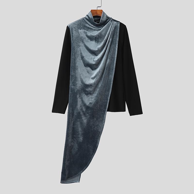 

INCERUN Autumn Men High Neck Long Sleeve Fake Two-piece Irregular Velvet Patchwork Casual Tops T-shirts 3XL синий