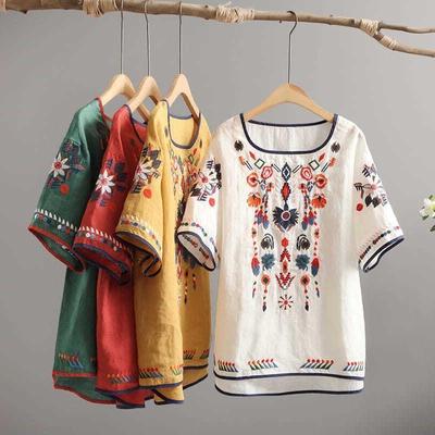 Embroidery Women Classic Loose Shirts Casual Vintage O Neck Short Sleeve Summer Blouse