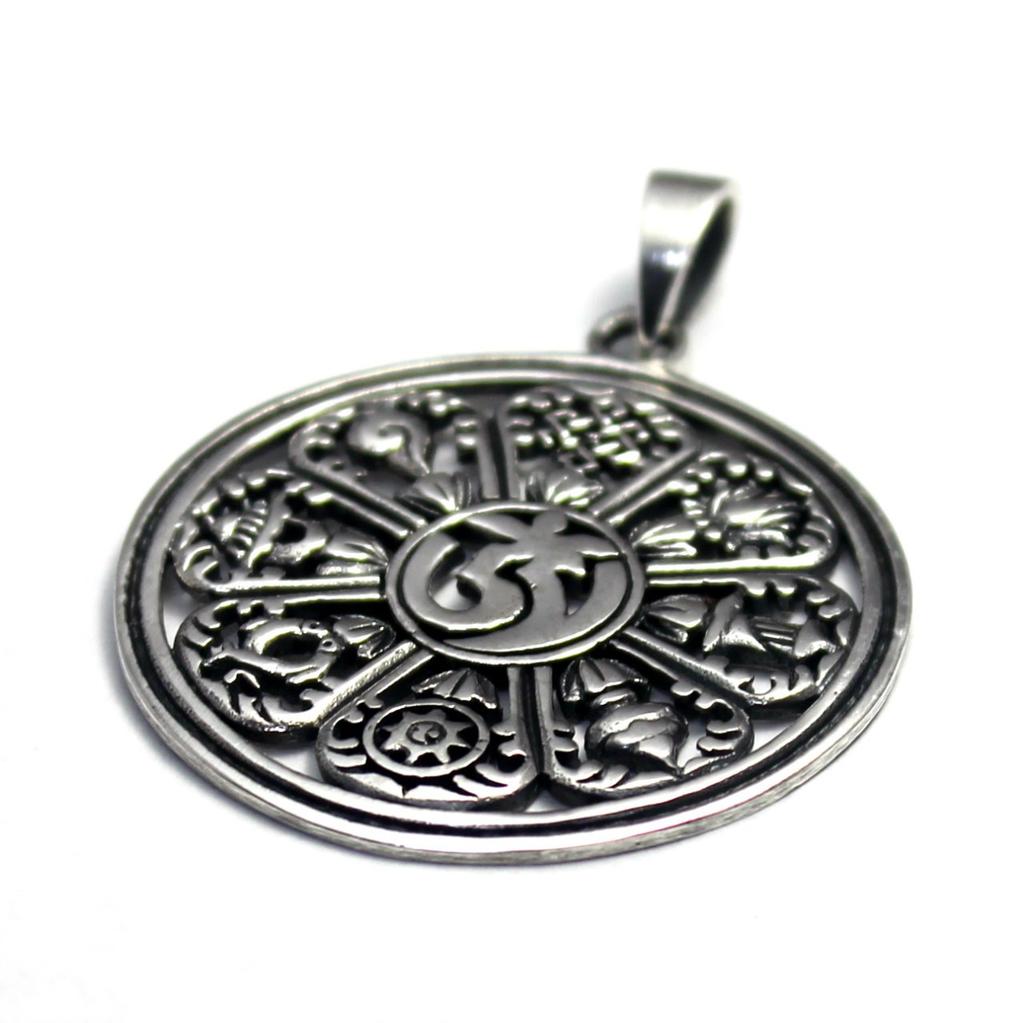 Tibetan Eight Auspicious Symbols Eight Treasures Tashi Tagye Pendant Top Sterling Silver 925 Amulet Good Fortune