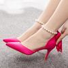7cm Thin Heeled Large Size Sandals Banquet Women's Shoes Streamer Beaded High Heels Sandals Satin Dress Long Skirt Shoes