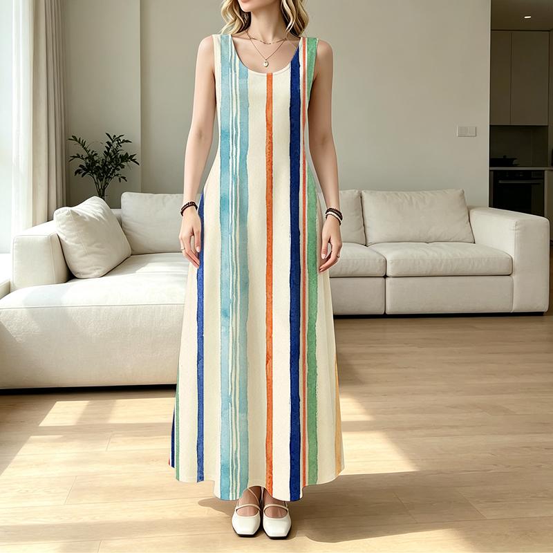 Women’s Striped Sleeveless Maxi Dress Multicolor,Lightweight Flowy Summer Dress for Picnic,Beach Getaway,Spring Fall Layering