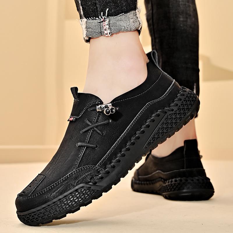 Men's Large Size Leather Slip-on Loafers - Spring & Autumn Fashion, Handmade, Thick-Soled, Casual Stitched Design