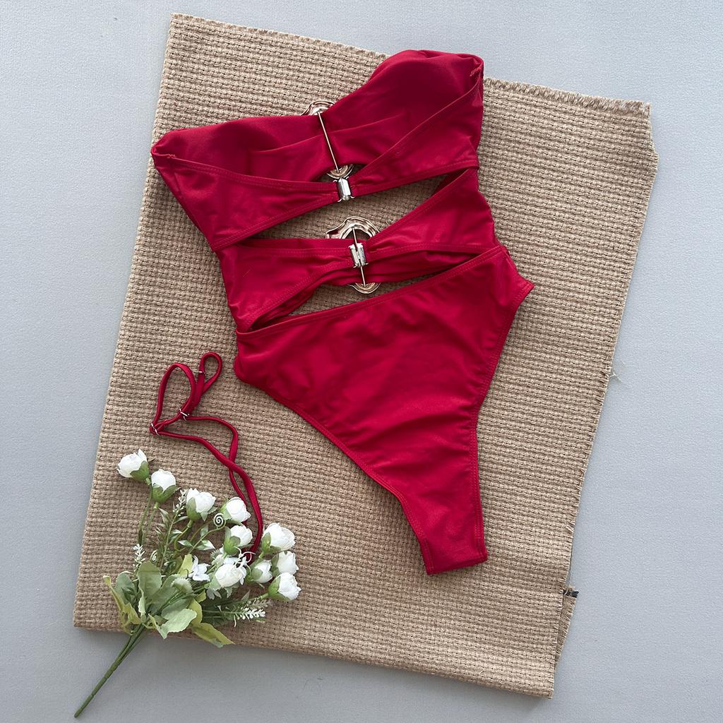 OFTBUY 2025 Novo Maiô Sexy de Verão Feminino Conjunto de Biquíni de Uma Peça Sem Aro Sutiã Liso Praia Justo Altura Elástica Traje de Banho Feminino