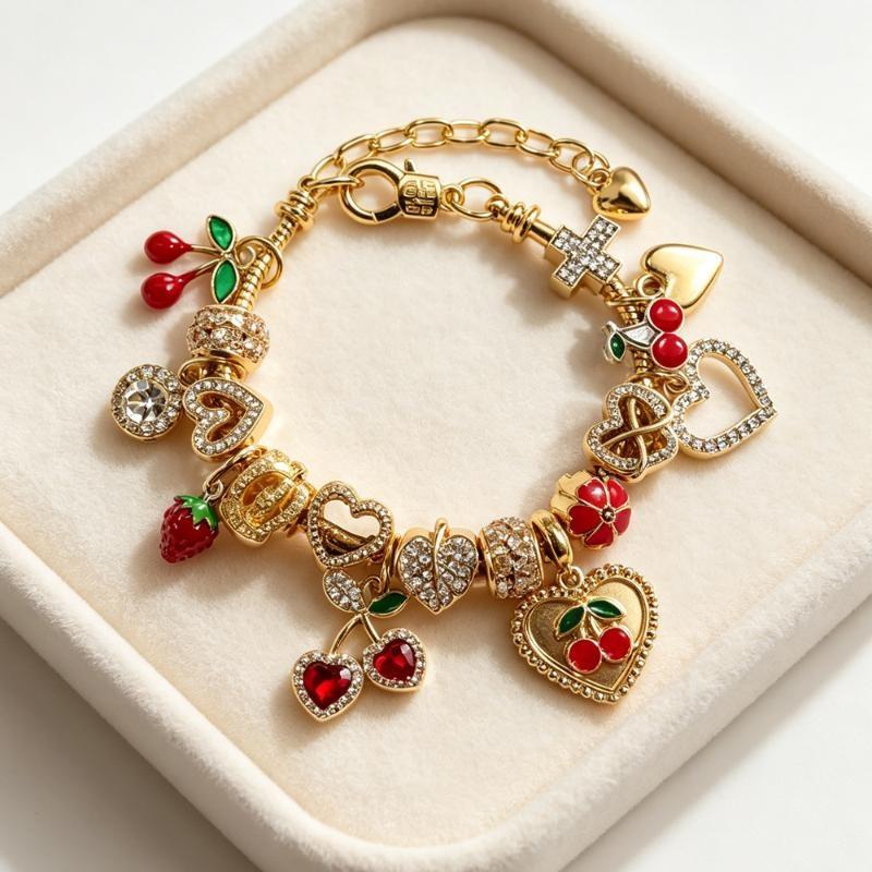 Y2K Gold Plated Charm Bracelet With Sparkling Rhinestone Cherry Heart Pendant Trendy Luxury Beaded Jewelry For Women Gifts