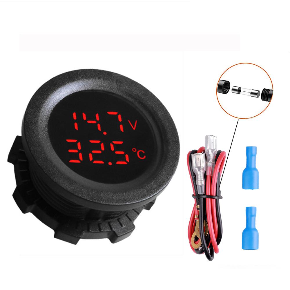 12V-24V Round LED Digital Temperature Voltmeter Car Motorcycle Boat Voltage Real Time Display With Temperature Sensor