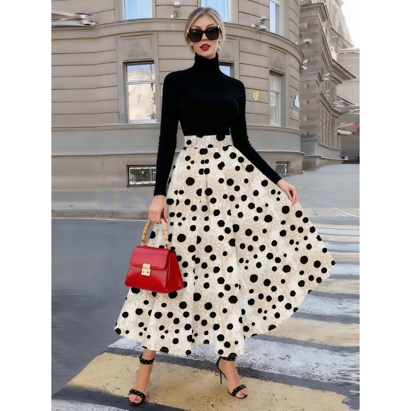 Printed Design Summer Casual Style Black Polka Dot Cream  Half Skirt
