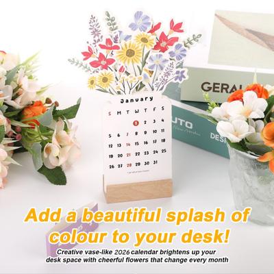 Flower Vase Calendar 2026 Floral Desk Calendar with Wooden Base Bloomy Flower Monthly Calendar for Home Office School