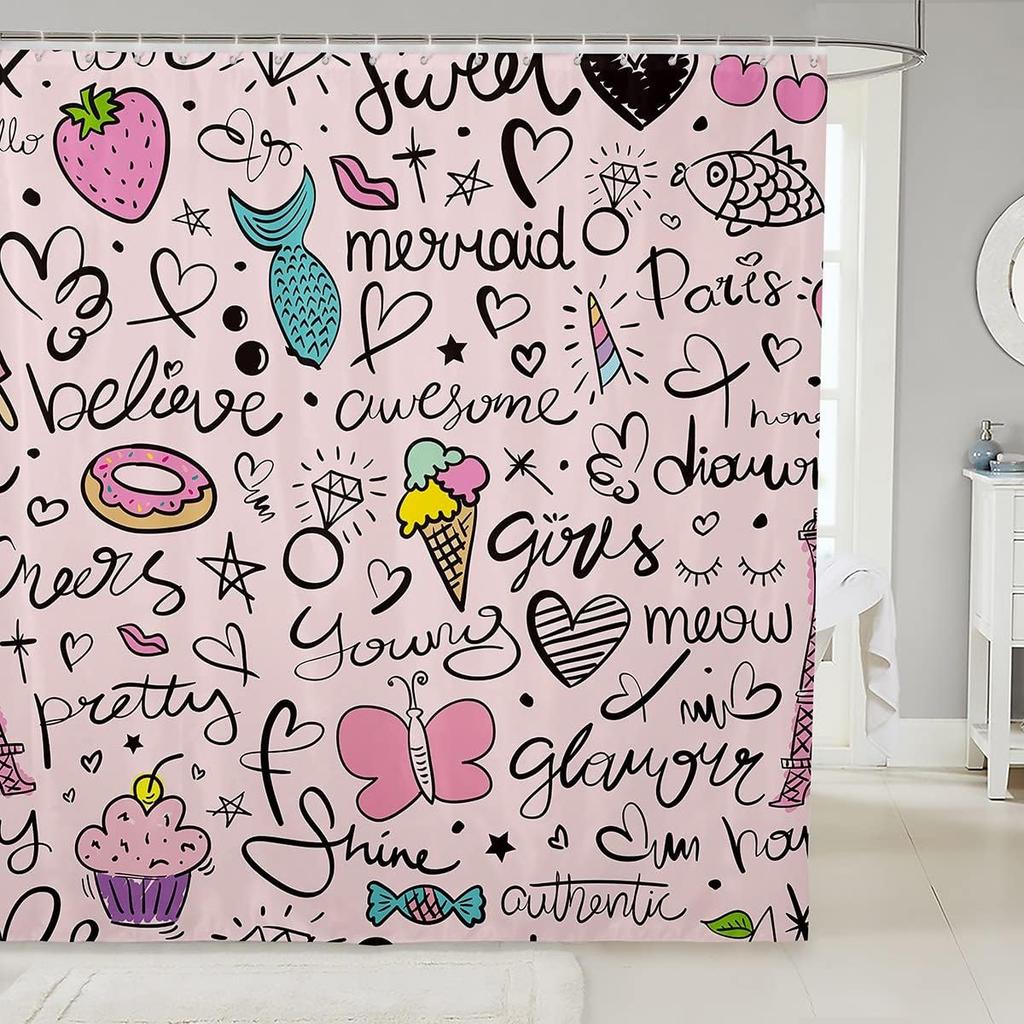 Cartoon Bathing Animal Print Shower Curtain Cute Cats Whale Unicorn Hand-Painted Graffiti Kid Child Bathroom Decor Bath Curtain