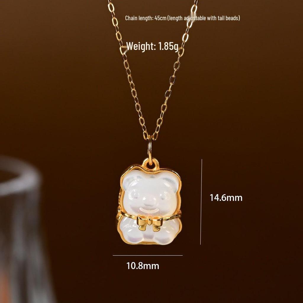 Elegant S925 Sterling Silver Bear Pendant Necklace with White Mother-of-Pearl, Cute and Versatile Design, Light Luxury Clavicle Chain