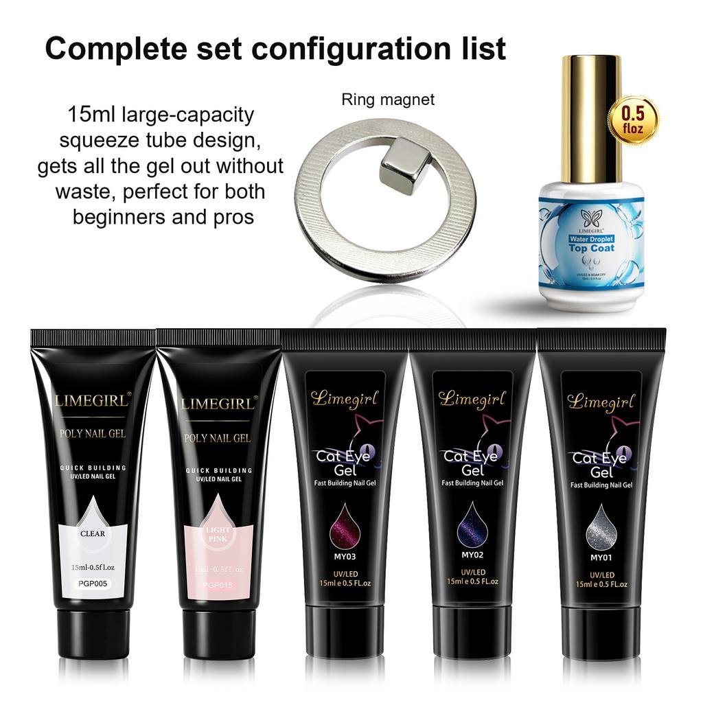 Cat Eye Nail Gel Kit Water Drop Top Coat Ring Magnet Poly Extension Gel DIY Manicure Set