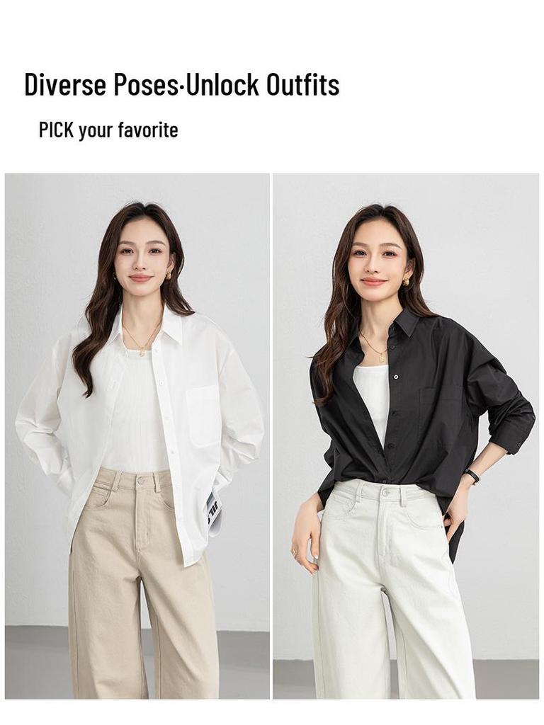 Yi Fei Spring 2026 White Cotton Formal Shirt: Business Commuting Lapel, Long Sleeve, Waist-Cinching, Loose Fit