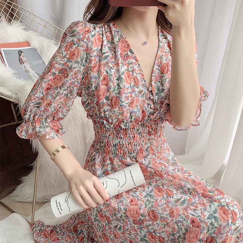Květinové šaty s výstřihem do V, zeštíhlující pas, francouzský retro styl, 2024