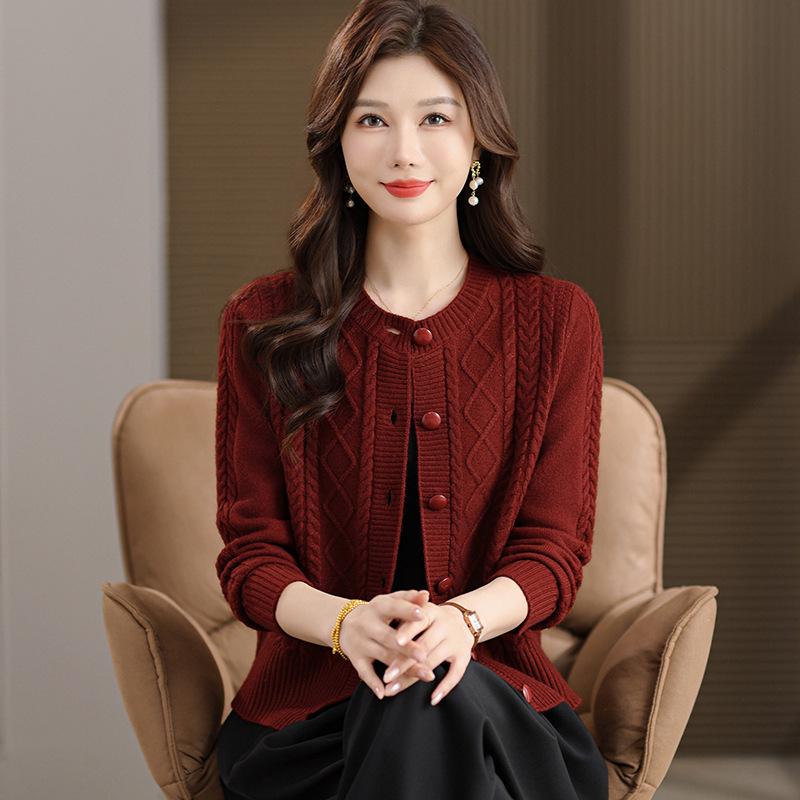 Damski dzianinowy kardigan z rombami i warkoczem – Wiosna/Jesień, Okrągły dekolt, Jednolity kolor, Luźny krój, Długi rękaw, Sweter płaszcz.