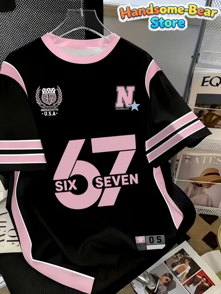 T-shirt Meme 67 pour Enfants Drôle Impression Numérique 3D Numéro 67 Maillot de Football T-shirt Style Maillot Lâche Mode Vêtements pour Enfants