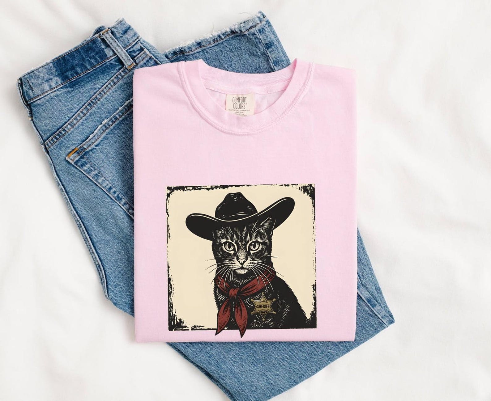 Western Cat Shirt Cat Cowboy Gift Women Retro Tee Kitty T-Shirt Feline Fan Cowboy Graphic Tshirt Sketch Badge Tshirt M