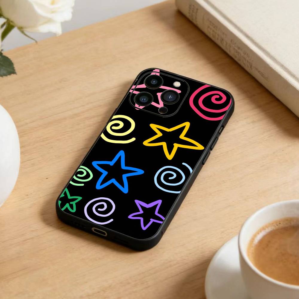 Y2K Cute Strawberry Stars Phone Case For iPhone17,16,15,14,13,12 Plus,Max Soft Silicone Black Cover