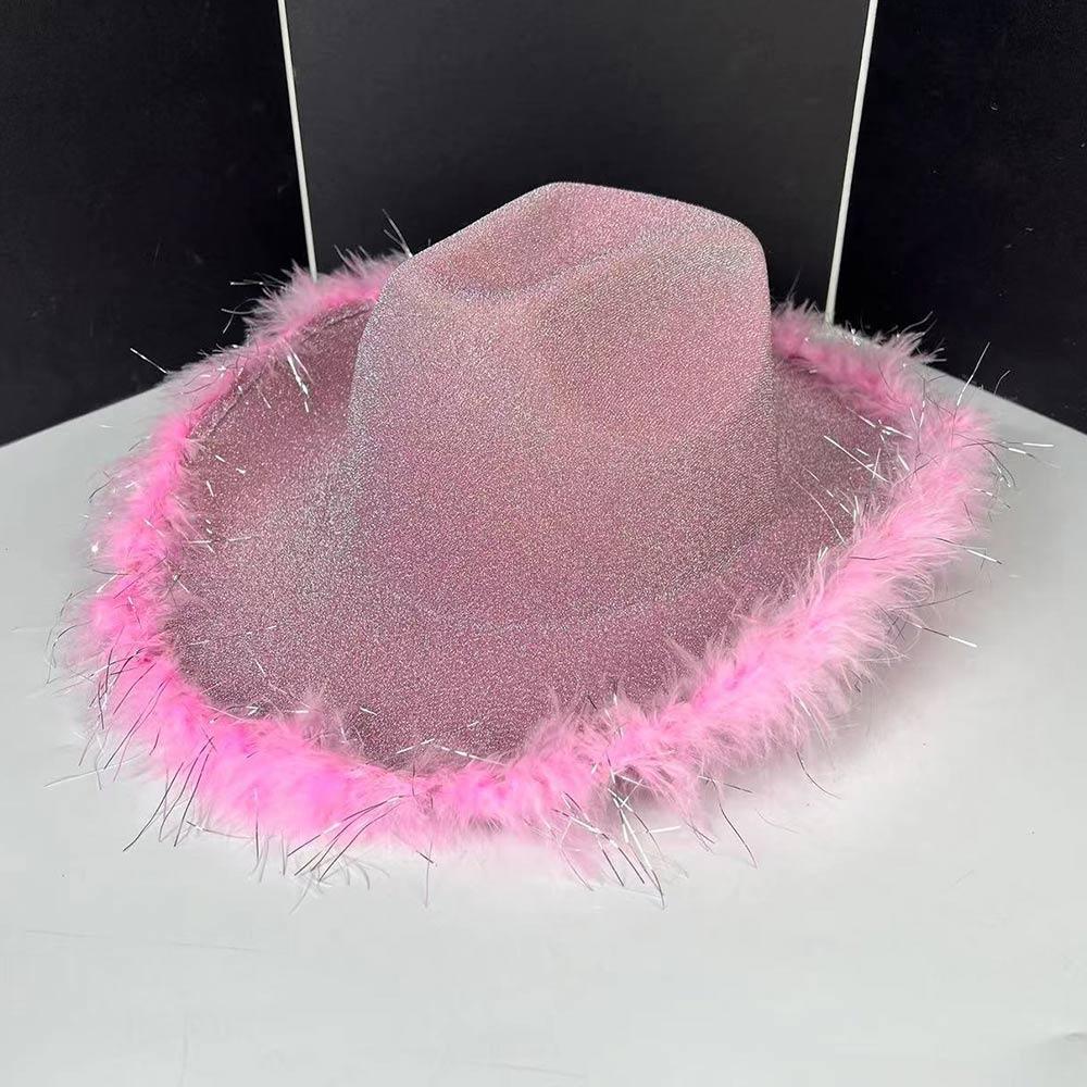 Plush Brim Cowboy Bucket Hat Pink Silver Panama Hat New Fisherman Cap  for Camping Hiking
