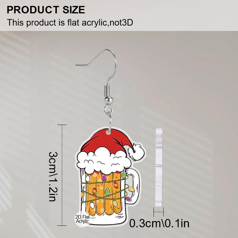 2D Flat Acrylic Christmas Hat Beer Mug Pendant Earrings Women's New Year Jewelry Holiday Party Accessories