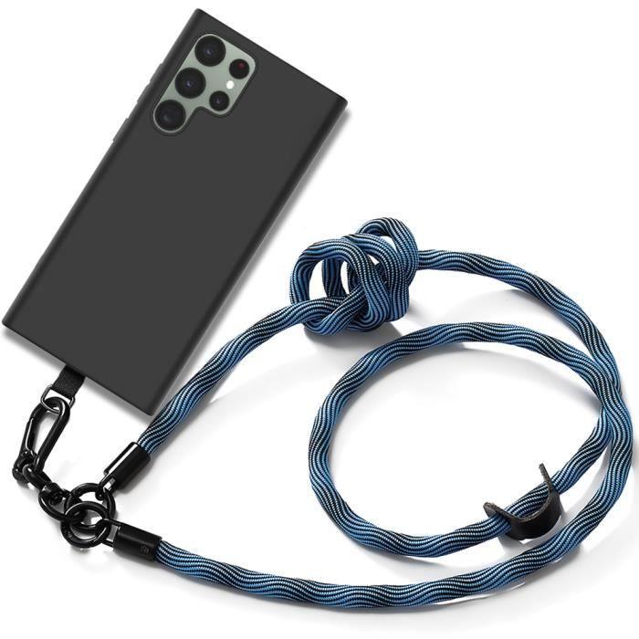 Coque Cordon pour Samsung Galaxy S23 Ultra - Silicone Noir Antichoc avec Cordon en Bleu