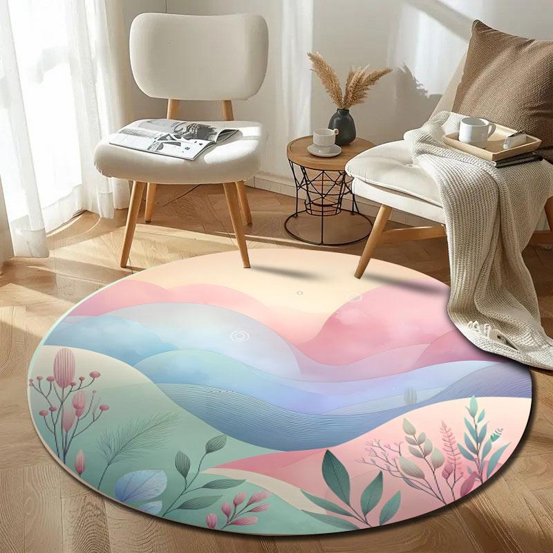 Handmade Style Round Minimal Multicolor Carpet, Non-Slip Floor Mat for Dining Room