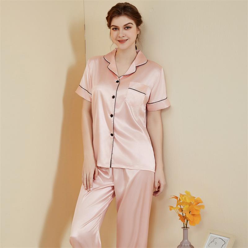 Improved pajamas women's summer solid color simple short-sleeved trousers casual women's lapel loungewear set