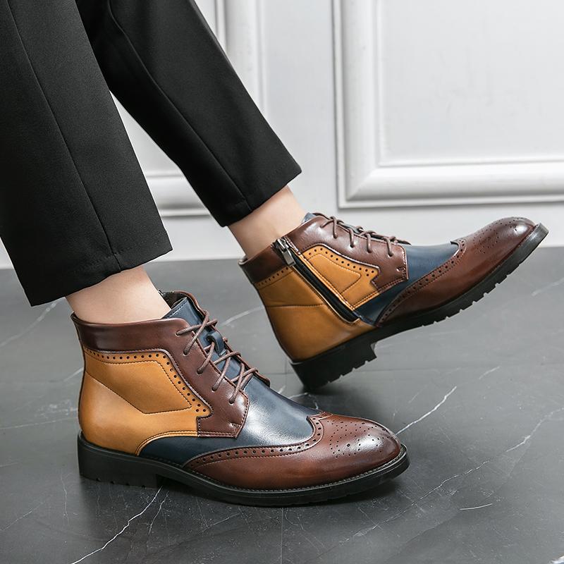 Cizme de Iarnă la Modă Stil Brock din Piele Modă Britanică Cizme Chelsea cu Șireturi de Înaltă Calitate cu Talpă Groasă Panouri de Piele Contrastante Pantofi