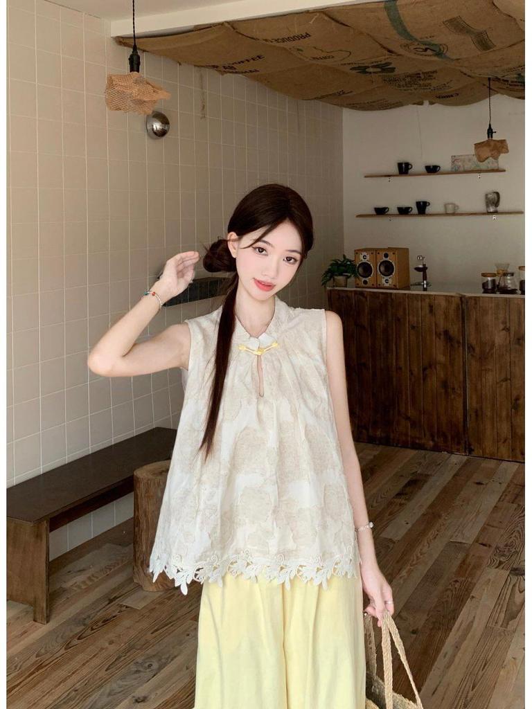 Women's Ethnic-Style Frog Button Crochet Top & Wide-Leg Pants Set - Summer 2026 Retro Fashion