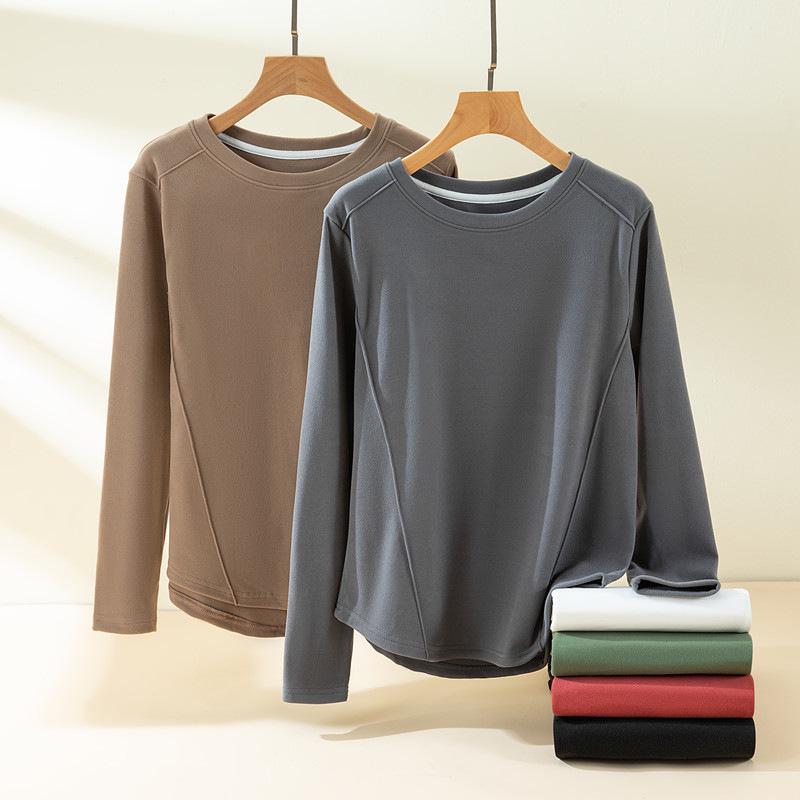 

Women s Long Sleeve Fleece-Lined Base Layer Top – Solid Color, Slim Fit, Round Neck, Warm for Autumn/Winter. L