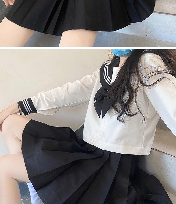 JK Sailor Suit: Black-Collared Off-White Pleated Skirt Set - Three-Piece Basic Style for Spring/Summer