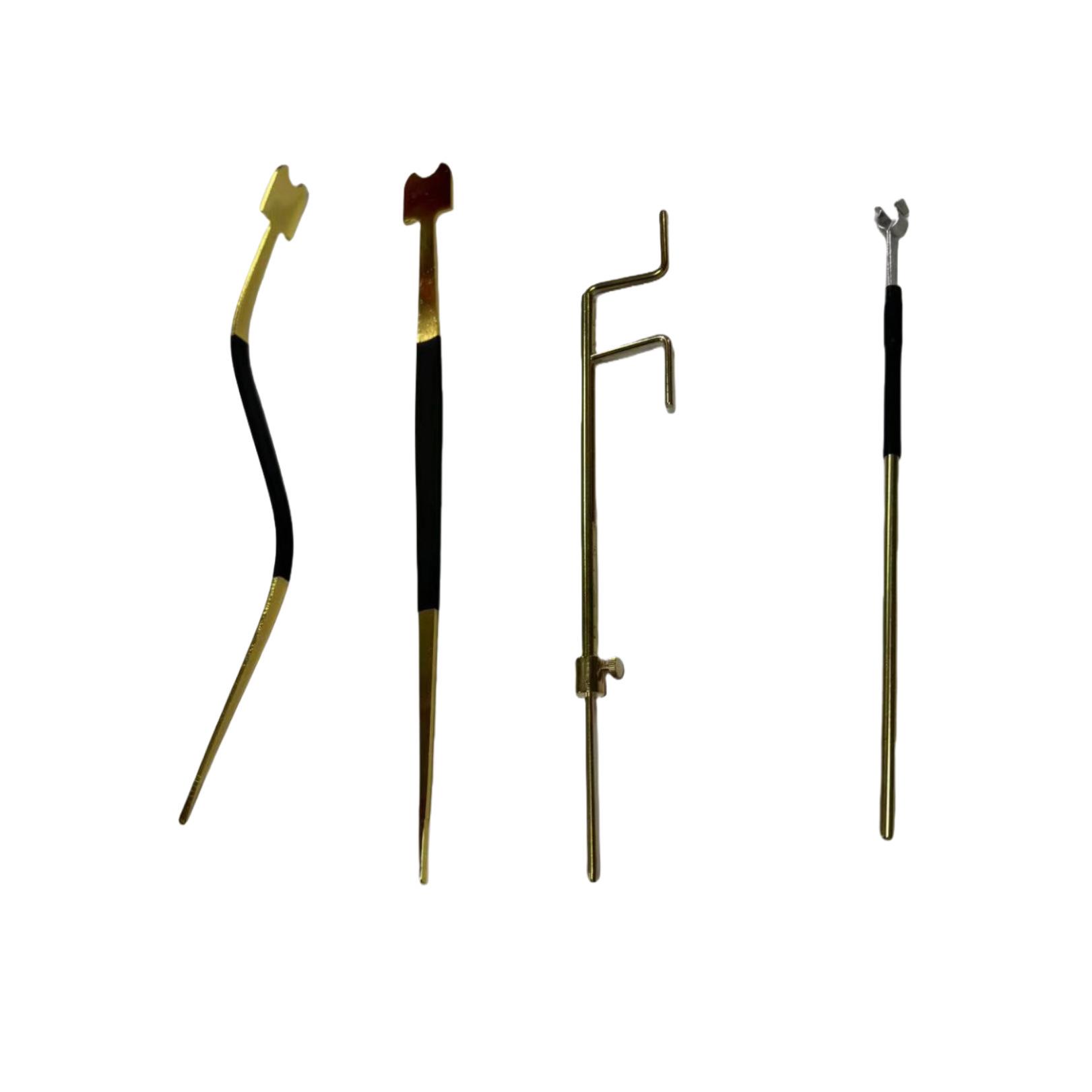 Cello Soundpost Toolset: Installation Tool, Clip, Hook, and Ruler.
