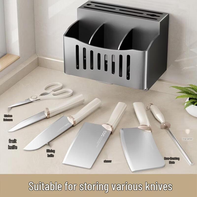 White Drill-Free Wall-Mounted Kitchen Organizer with Double Knife & Chopstick Holders