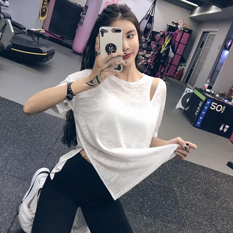 

Легкая эластичная футболка для фитнеса через границу: Свободный, закрывающий тело спортивный топ для похудения для тренировок по йоге, с коротким рукавом для бега. Large