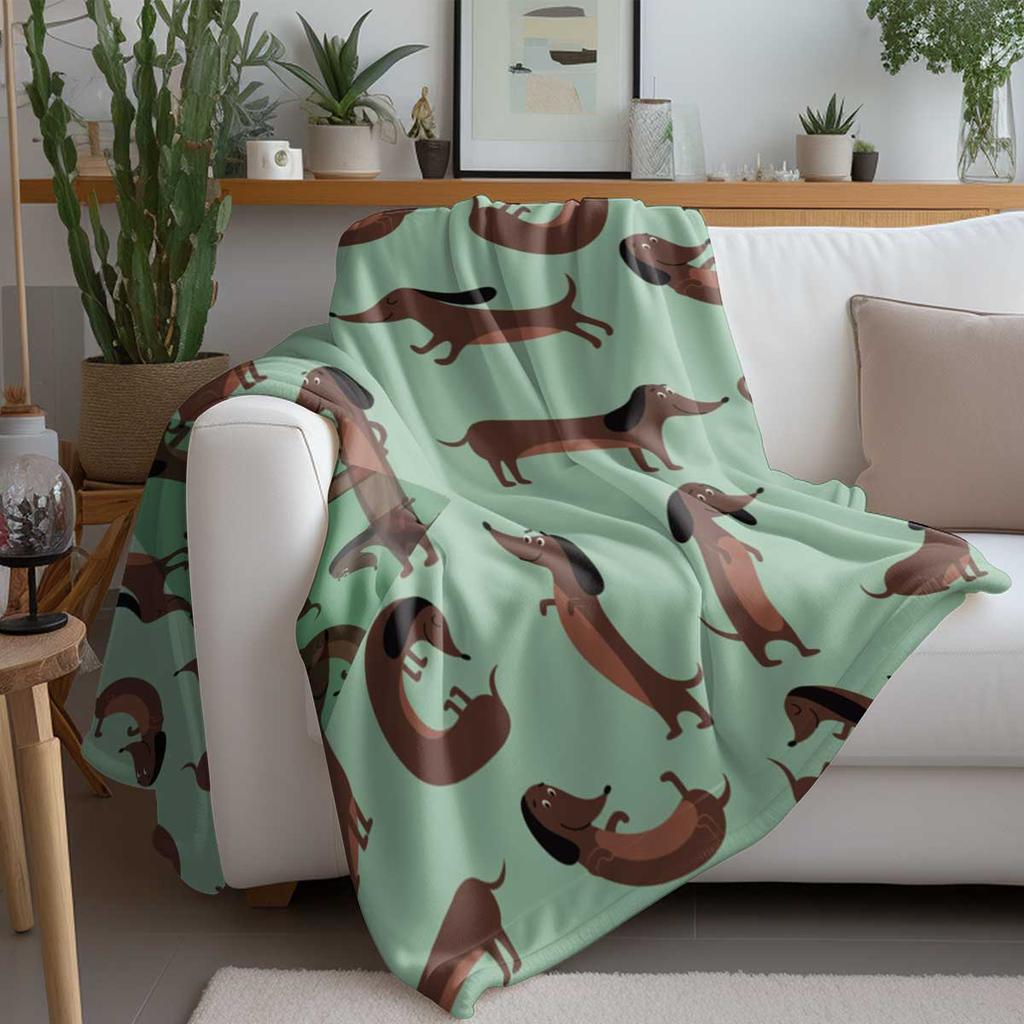 1pc Sausage Dog Print Flannel Blanket Soft Comfortable Multiple Sizes Living Room Nap Sofa Cover Portable Machine Washable