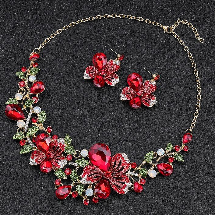 European and American exaggerated luxury necklace earrings two-piece set of colorful flowers, bridal dress, factory direct sales